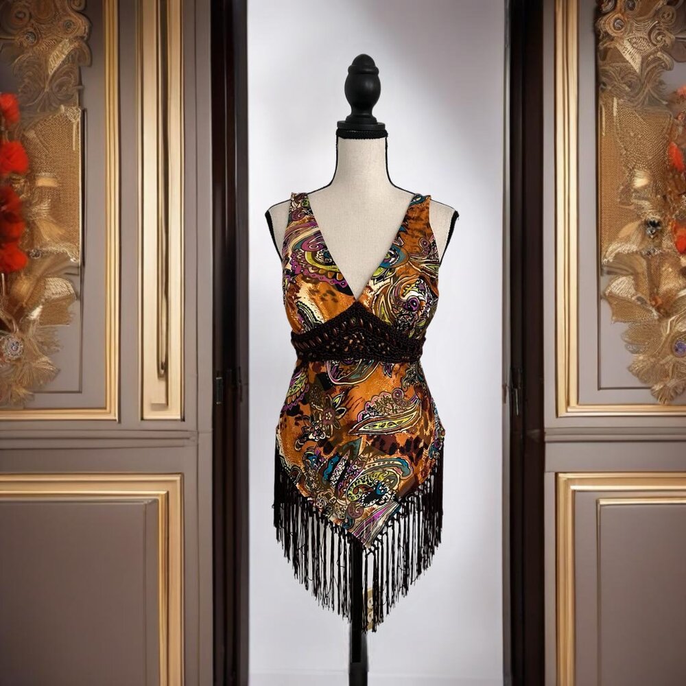 Cache Paisley Print Silk Top Embellished with Fringe Size 2